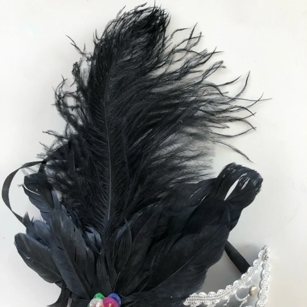 Masquerade Mask Black & Silver with Feathers